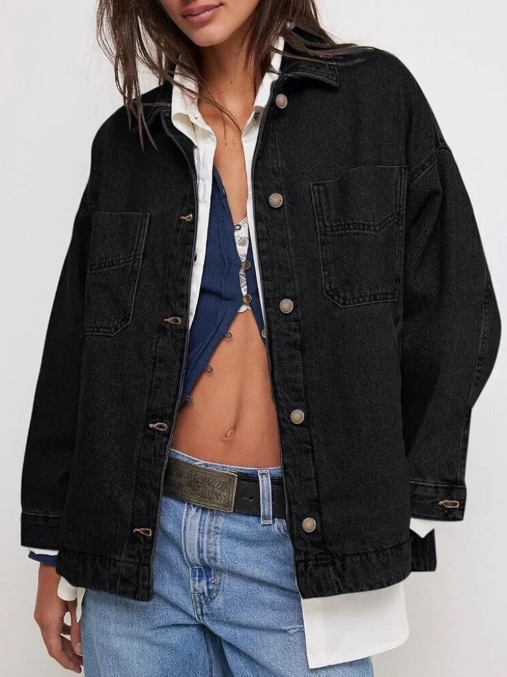 New Zenana Denim Button Down Jean Jacket Shacket Hi Low Hem Oversized Relaxed - Picture 2 of 5